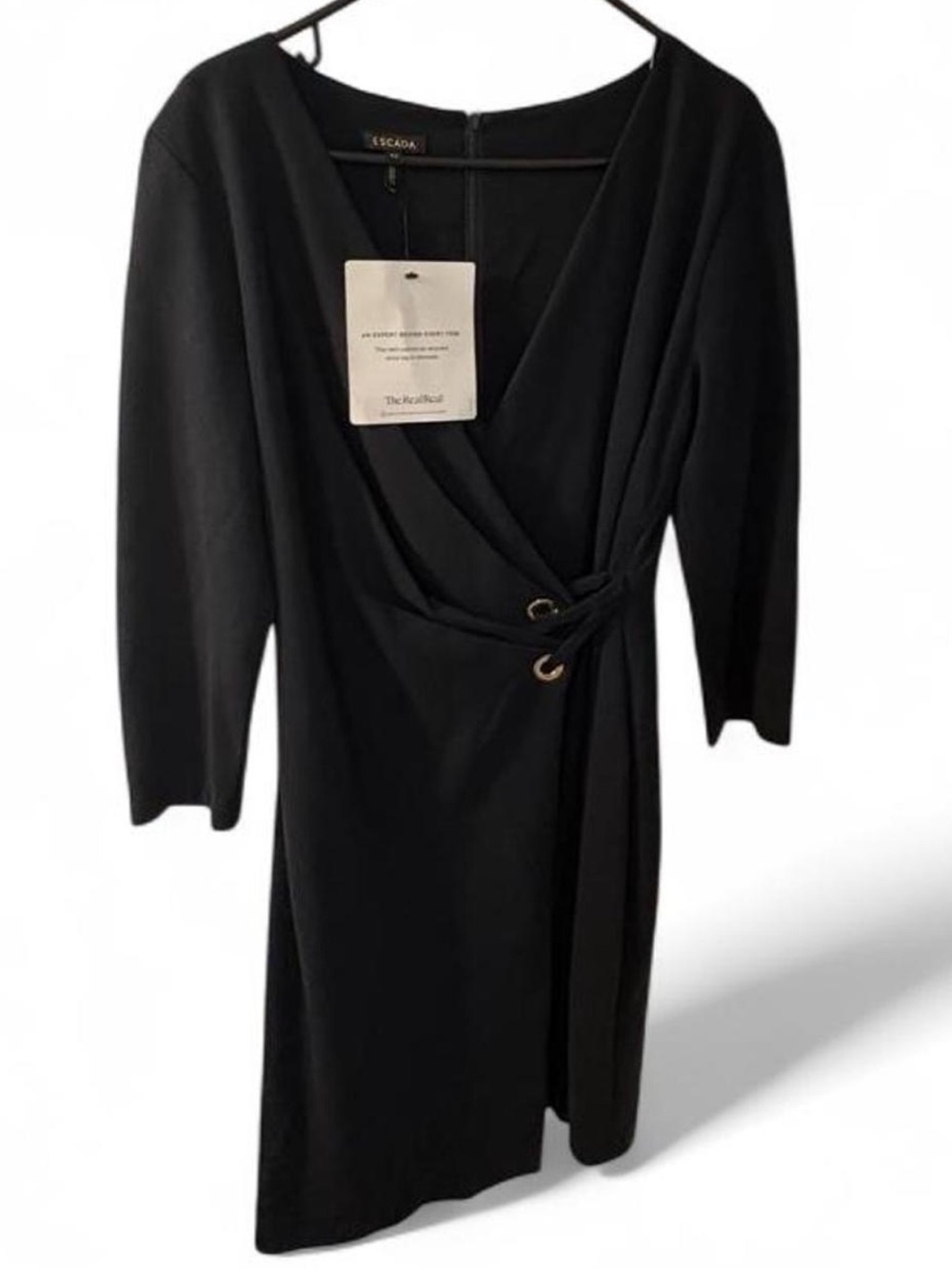Escada Black Long Sleeve Faux-Wrap Dress with Gold Rings